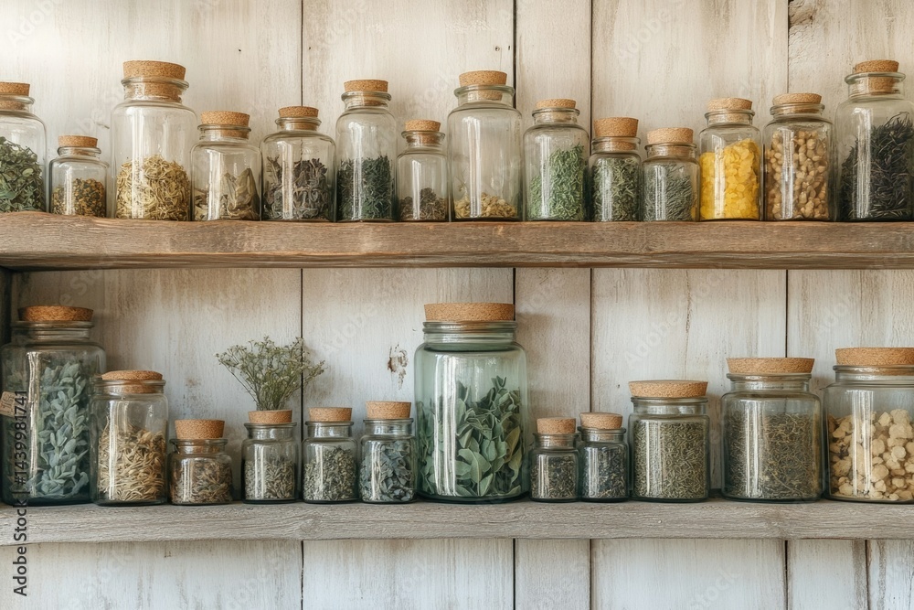 Various dried herbs and spices are stored in glass jars on wooden shelves. Various dried herbs and spices are stored in glass jars on wooden shelves.