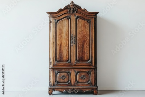 Antique ornate wooden armoire with carved details, double doors, and drawers, standing against a white wall.