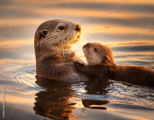 close-up of otter mom and its baby