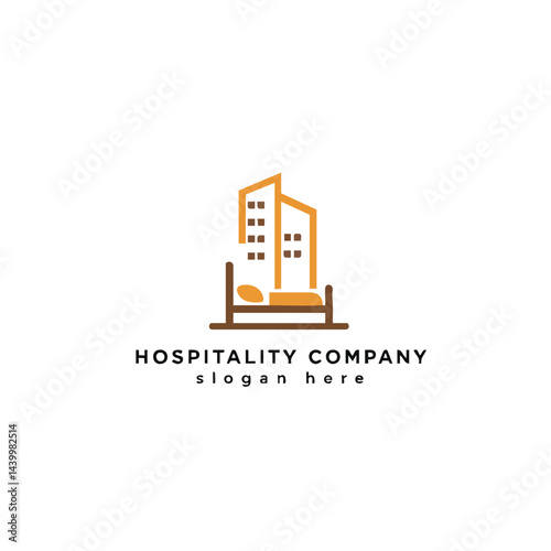 Hospitality Company logo featuring bed and building line art. Represents hotel, lodging, and travel services.
