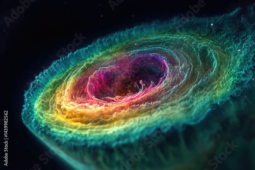 A vibrant, swirling nebula with rainbow colors and sparkling dust, resembling a cosmic vortex.