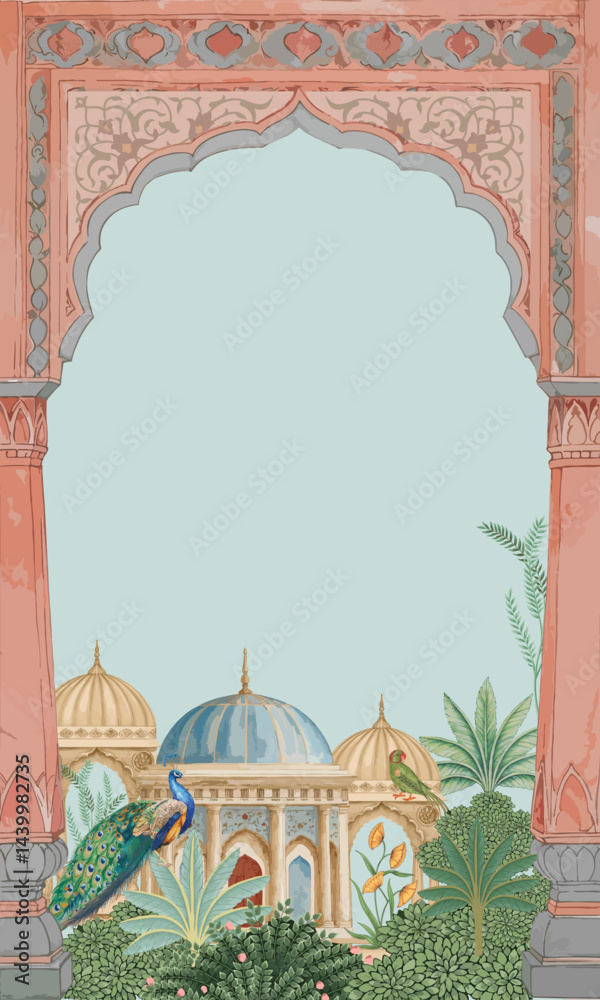 custom made wallpaper toronto digitalMughal decorative ethnic garden with temple, palace, arch gate, peacock and flower illustration pattern frame