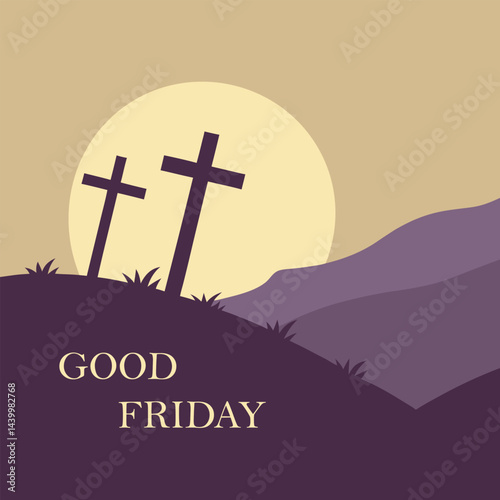 Good Friday Minimalist Landscape with Crosses and Sunset