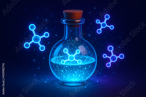 3D Mystical Flask with Neon Molecules for Science and Magic Fusion
