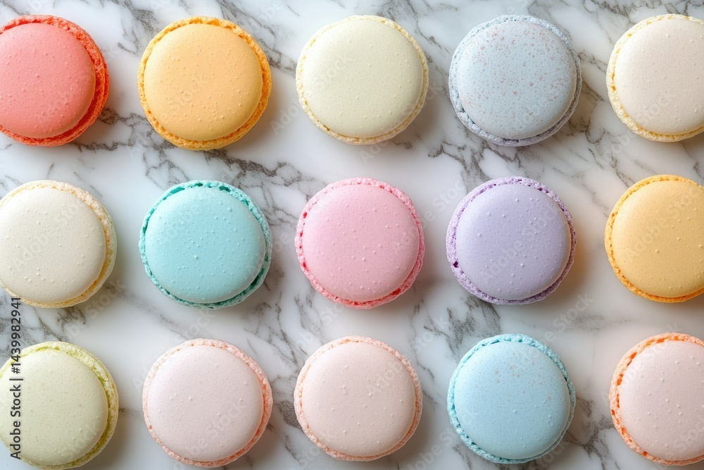 Fototapeta premium A dozen pastel-colored macarons arranged on a marble surface.