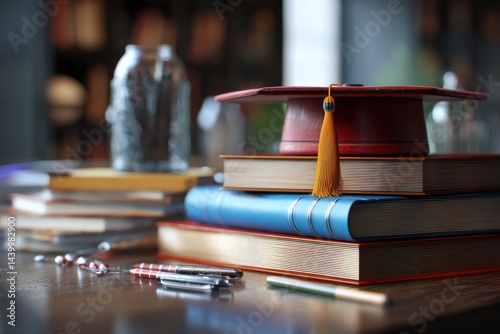 A red graduation cap rests atop a stack of books, symbolizing the culmination of academic achievement.