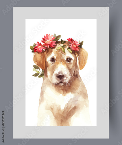 Labrador puppy from dog shelter, with flowers on head on poster. Watercolor artwork. Wall art with funny labrador puppy to decorate pet supply store, in frame with decor for print