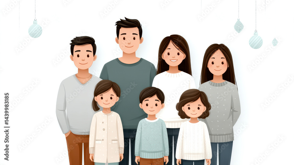 A family of seven poses together, smiling and dressed in cozy winter sweaters, with simple holiday decorations hanging above. A family of seven poses together, smiling and dressed in cozy winter sweaters, with simple holiday decorations hanging above.