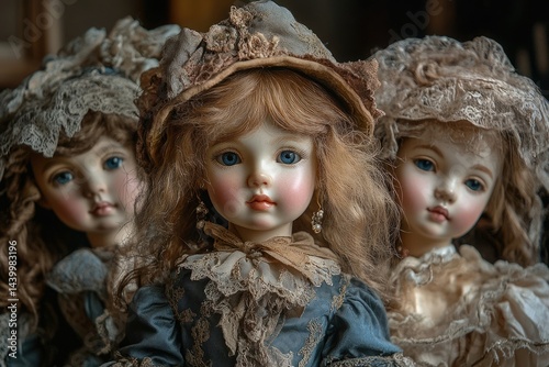 Three antique porcelain dolls in elaborate lace hats, showcasing exquisite detail and vintage charm.