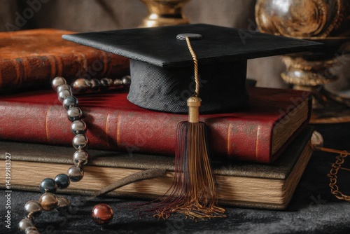 A black graduation cap rests on antique books, symbolizing the culmination of academic pursuits.  The rich colors and textures create a sophisticated mood.