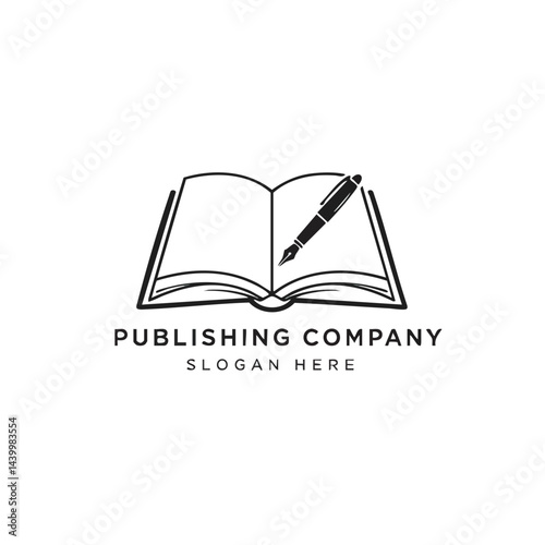 Publishing company logo featuring open book and fountain pen in outline style. Symbolizes writing, literature, and education.
