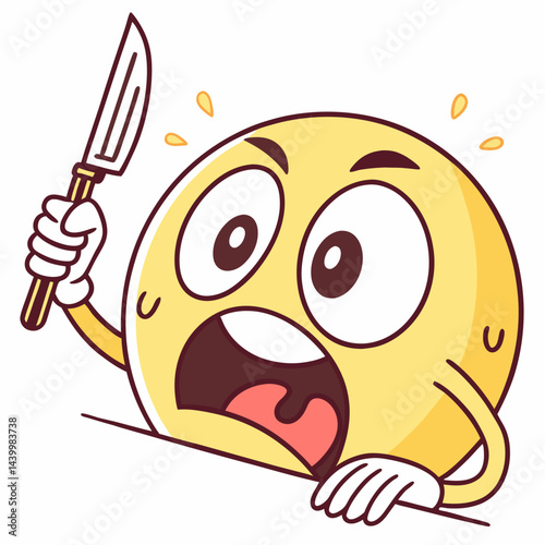 A playful vector illustration of a hungry emoticon drooling and holding a knife and fork, ideal for food-related designs, menus, or social media content.​