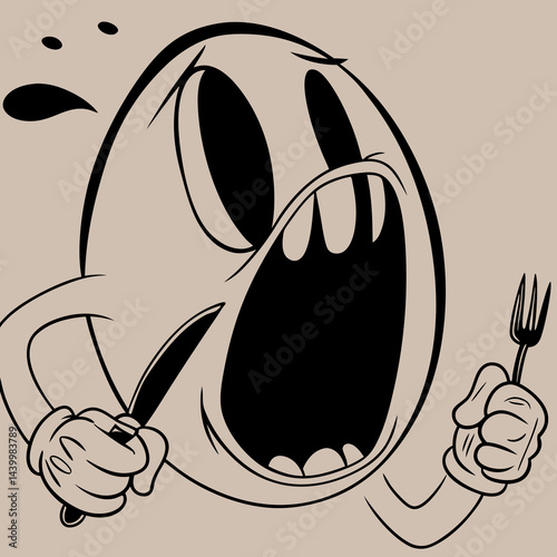 A playful vector illustration of a hungry emoticon drooling and holding a knife and fork, ideal for food-related designs, menus, or social media content.​