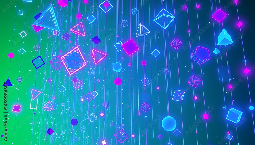 Vibrant Geometric Shapes in Neon Blue and Magenta Isolated on Green Screen Background Ideal for Vfx Musical and Fantasy Productions in Studio Setting Perfect for Compositing
