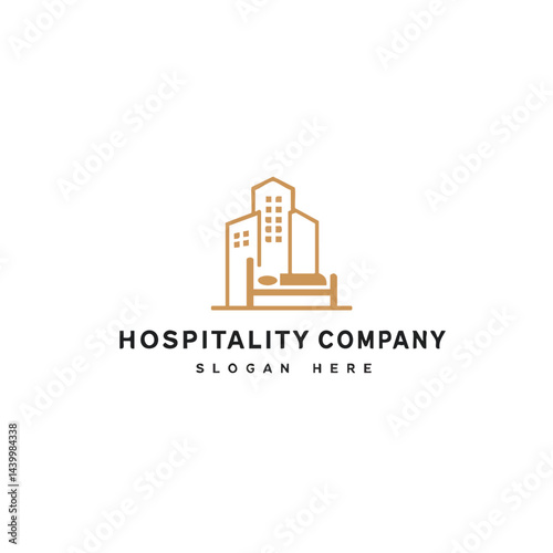 Hospitality company logo combining city skyline and bed in line art. Symbol for hotel, accommodation, and travel.
