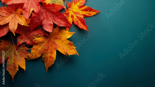 A colorful autumn leaves composition, with red, yellow, and orange hues on a teal background. The leaves create a visually appealing seasonal display. 