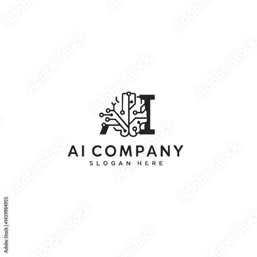AI company logo monogram combining letters A and I with digital circuit network design. Technology symbol.
