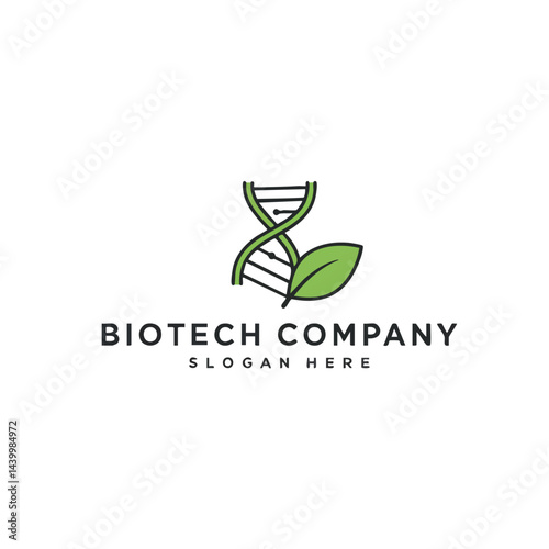 Biotech company logo combining green DNA helix and leaf symbol. Represents biotechnology, science, nature, and genetic research.
