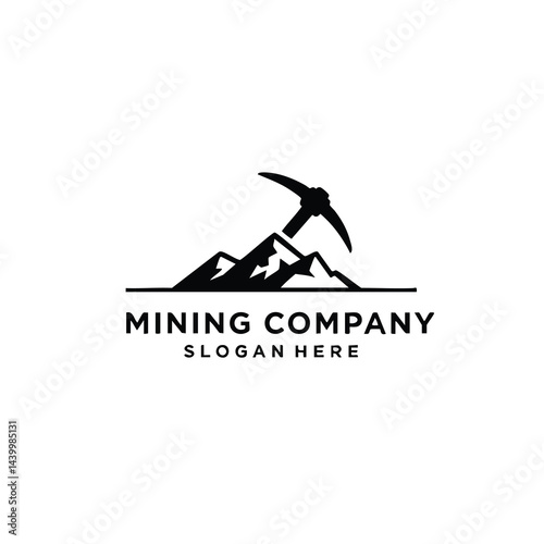 Mining Company Logo Vector with Pickaxe and Mountain Silhouette

