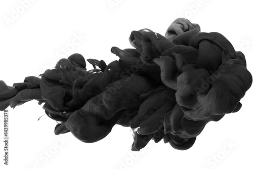 Explosion with cloud of dust and black smoke on a white background. Explosion by an impact of a cloud of particles of powder of color gray and black on a white background. Explosion in the air