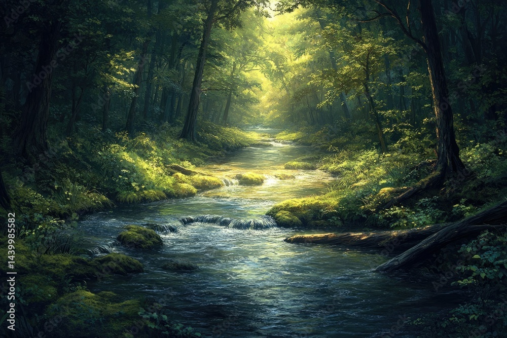 Fototapeta premium Sunlit stream flows through a lush green forest, creating a serene and peaceful atmosphere.