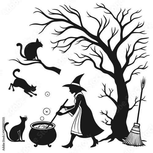 spooky haunted house ghosts, dead tree, lanterns and pumpkins halloween night black and white silhouette vector line art flat design background image illustrations