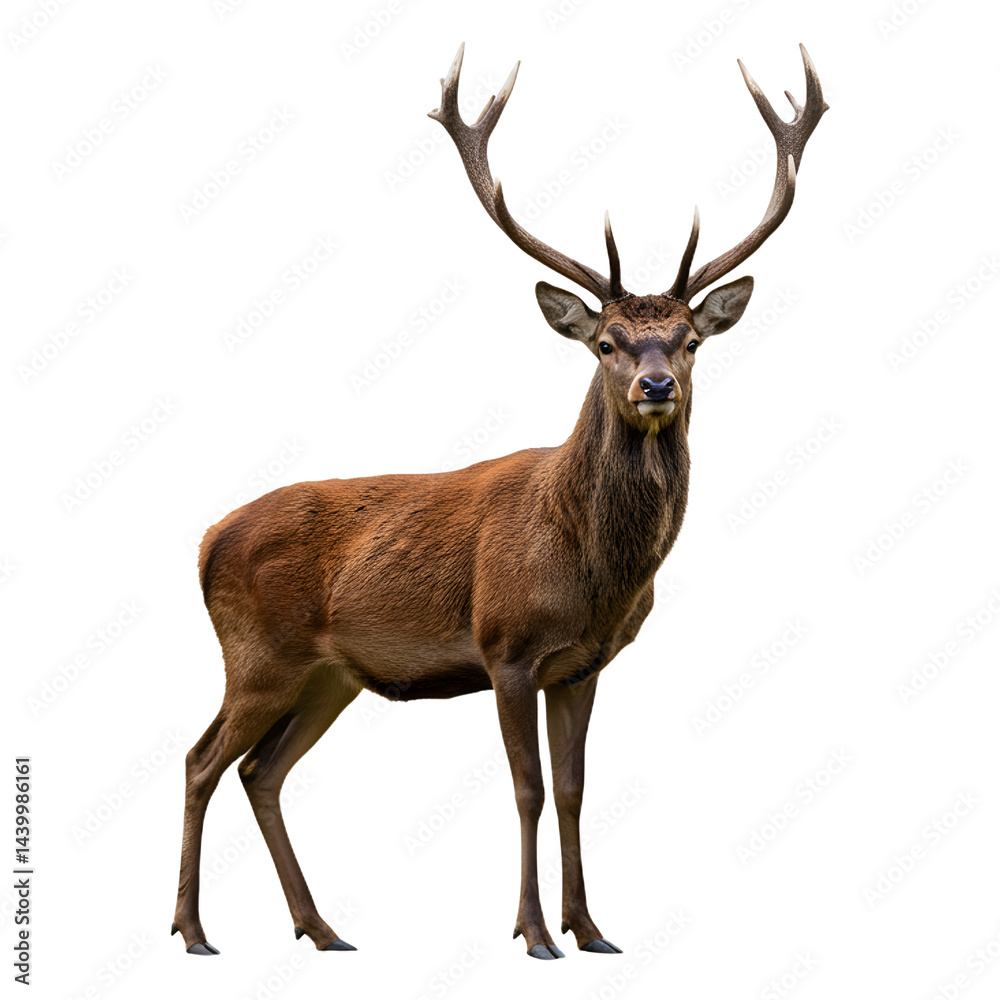 Standing Red Deer with Antlers Isolated on White Background Standing Red Deer with Antlers Isolated on White Background