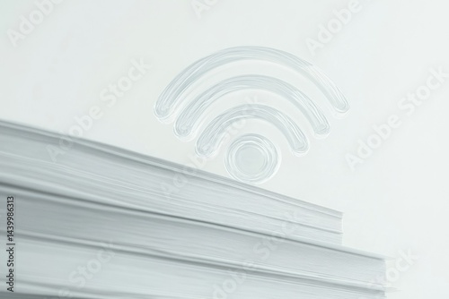 Wifi signal above a stack of papers, symbolizing online document access or digitalization of documents.
