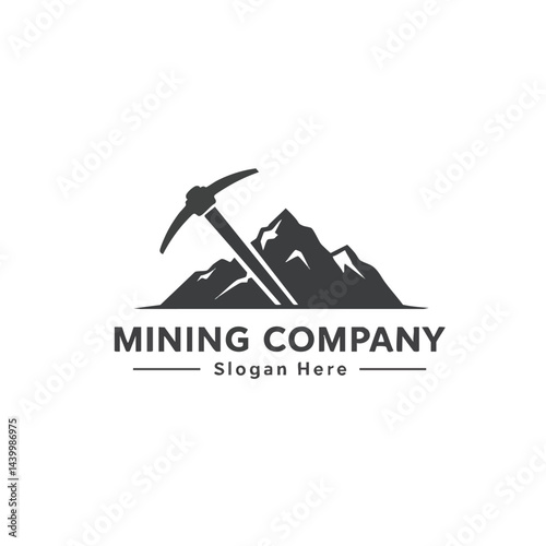 Mining Company Logo with Pickaxe Silhouette Over Mountain Range

