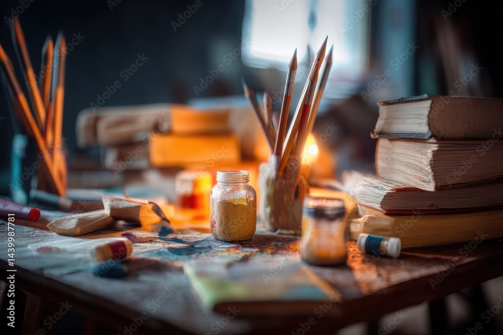 A messy artist's workspace with paints, brushes, and books. Warm lighting creates a cozy atmosphere. A messy artist's workspace with paints, brushes, and books. Warm lighting creates a cozy atmosphere.