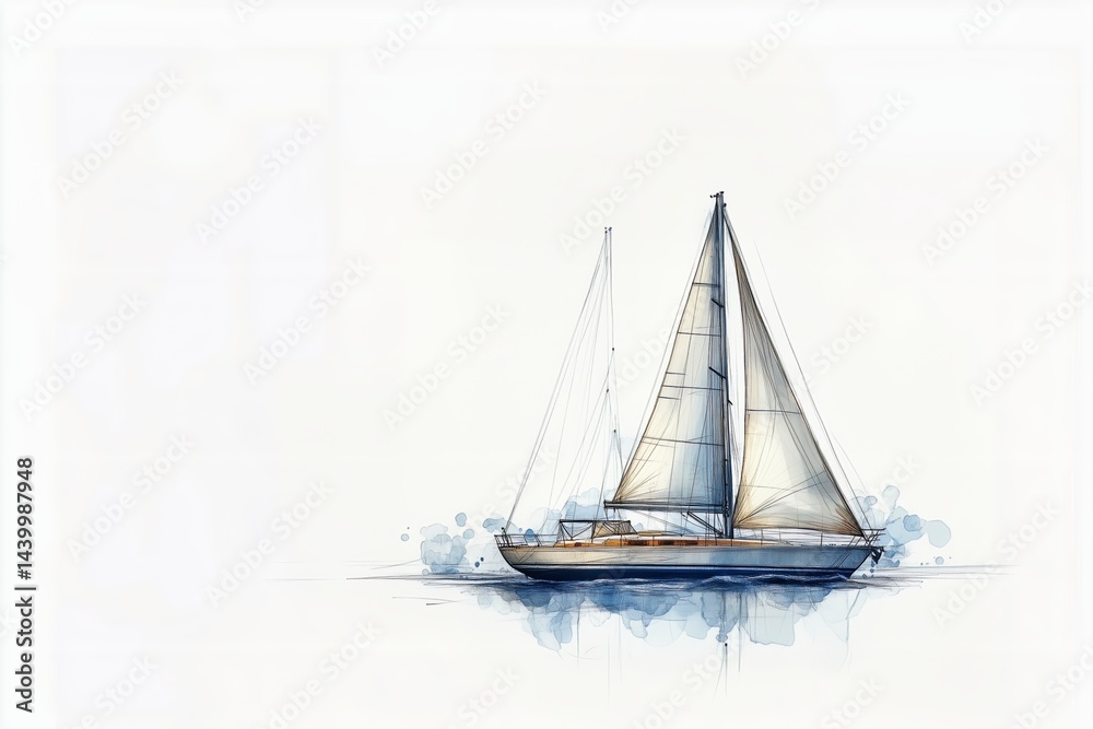 Fototapeta premium Elegant sailboat sketched in delicate blue tones, sailing on calm waters under a bright sky, watercolor style.