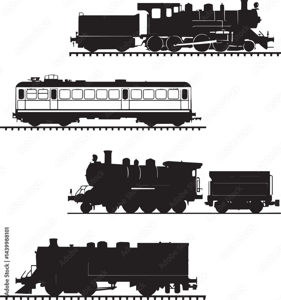 Obraz premium Train Silhouettes in Different Positions – Black Minimalist Railway Illustration for Travel and Transportation Designs