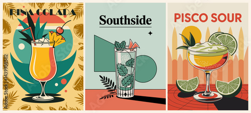 Cocktails retro poster set. Southside, Pina Colada, Pisco Sour. Collection of summer exotic drinks. Vintage flat vector illustrations for bar, pub, restaurant, kitchen wall art print.