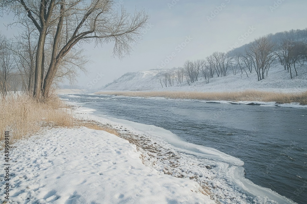 Serene winter landscape: snow-covered banks, icy river, and leafless trees under a pale sky. Serene winter landscape: snow-covered banks, icy river, and leafless trees under a pale sky.