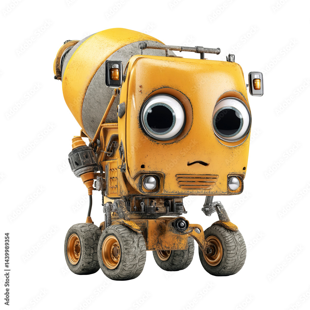 Adorable Cement Mixer Robot, Cute Construction Character, 3D Render Adorable Cement Mixer Robot, Cute Construction Character, 3D Render