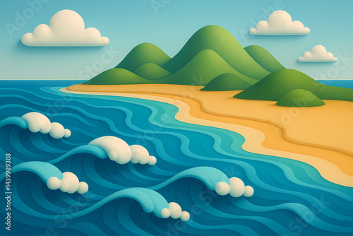 3D Stylized Coastal Landscape with Waves, Beach, and Rounded Mountains
