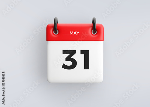 3D calendar icon with date 31 May on grey background. Vector schedule symbol.