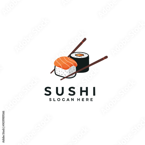 Sushi Logo: Simple flat illustration of nigiri and maki roll with chopsticks.
