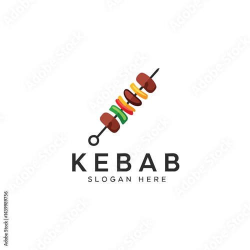 Kebab Logo: Colorful flat icon illustration of a grilled meat and vegetable skewer.
