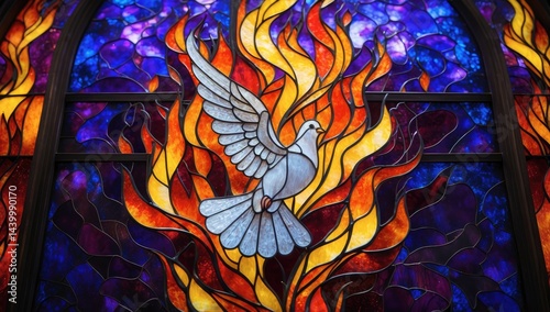 Stained glass artwork depicting a dove in flight surrounded by stylized flames in vibrant, rich