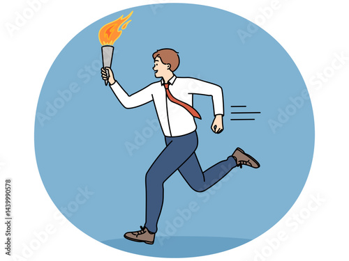 Positive business man runs with champion torch symbolizing professional record