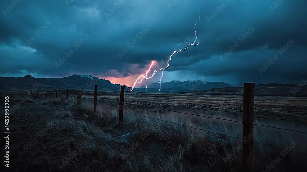 Dark stormy landscape with a dramatic lightning strike over a grassy field and mountains in the background. A wooden fence runs across the foreground