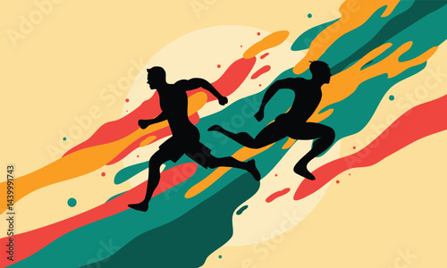 Two athletes racing through a colorful track