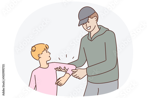 Smiling man trying to kidnap resisting teenage girl or commit kidnapping and child abuse