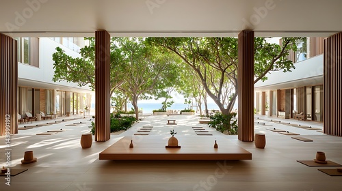 Serene Meditation Space with Natural Light and Lush Greenery