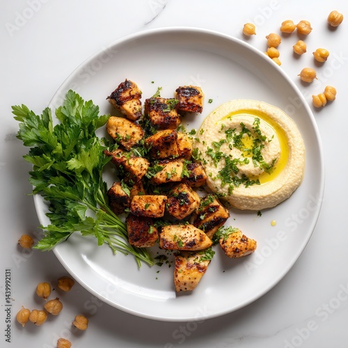 A plate of bite-sized grilled chicken pieces, golden and slightly charred, served with a small dish of creamy hummus. The chicken pieces are arranged on a simple white plate, with.