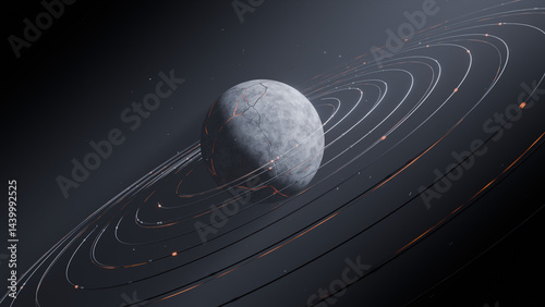 3D realistic ringed planet. Planetary rotation with star ray bloom illustration