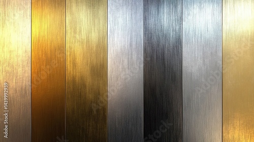 Set of vertical brushed metallic texture panels showcasing different finishes including gold, silver, steel, and bronze with linear grain patterns.