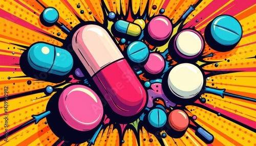 retro pop art a vibrant pop art illustration with bold outlines and bright colors, incorporating pills and symbols in an exaggerated manner.