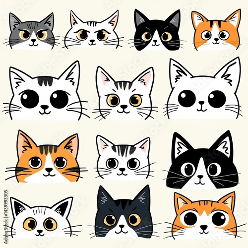 Cute cartoon cat faces with various colors and patterns are arranged in a grid on a light background.